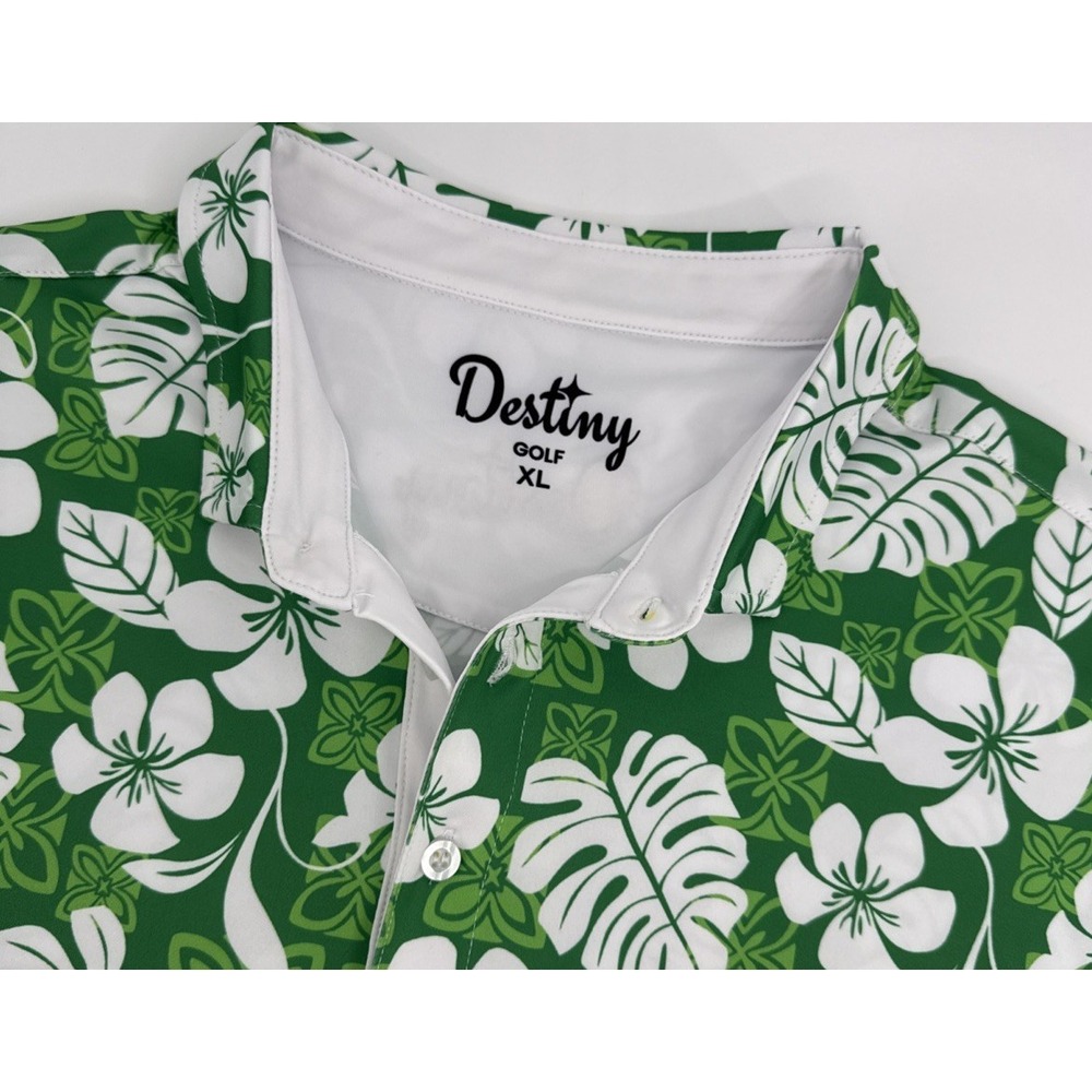 Destiny Golf Polo Men's XL Green  Hawaiin Tropical Floral St Patrick Performance